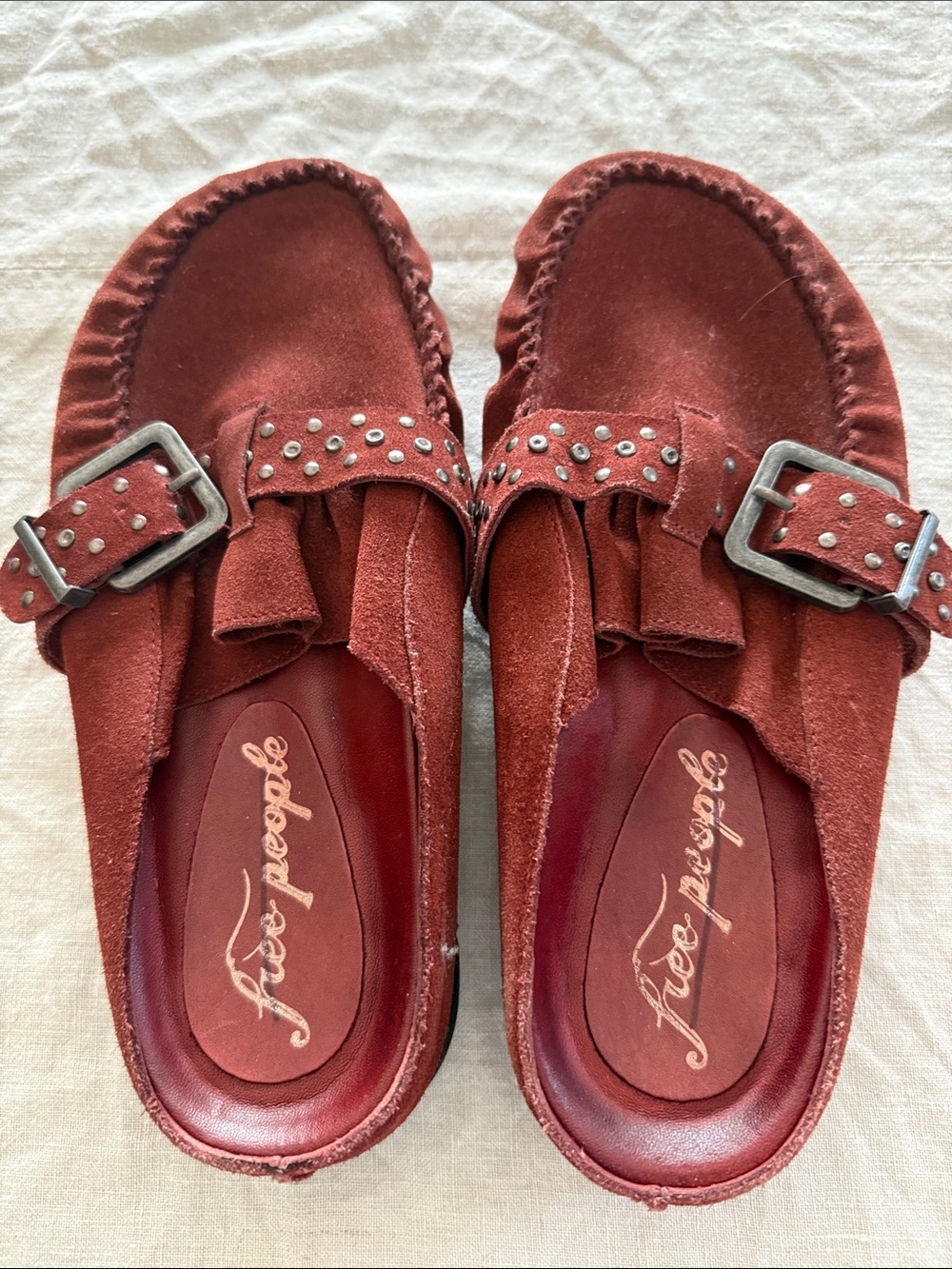 Free People Rust Suede Studded Buckle Slip-On Mules